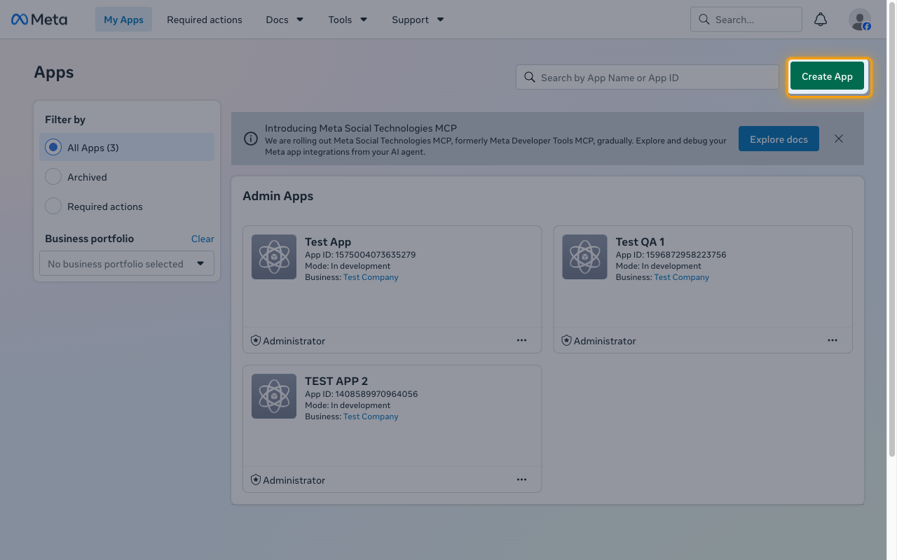 The Meta for Developers Apps page with the Create App button highlighted