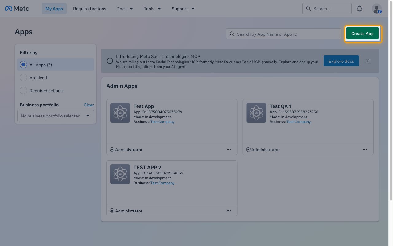 The Meta for Developers Apps page with the Create App button highlighted