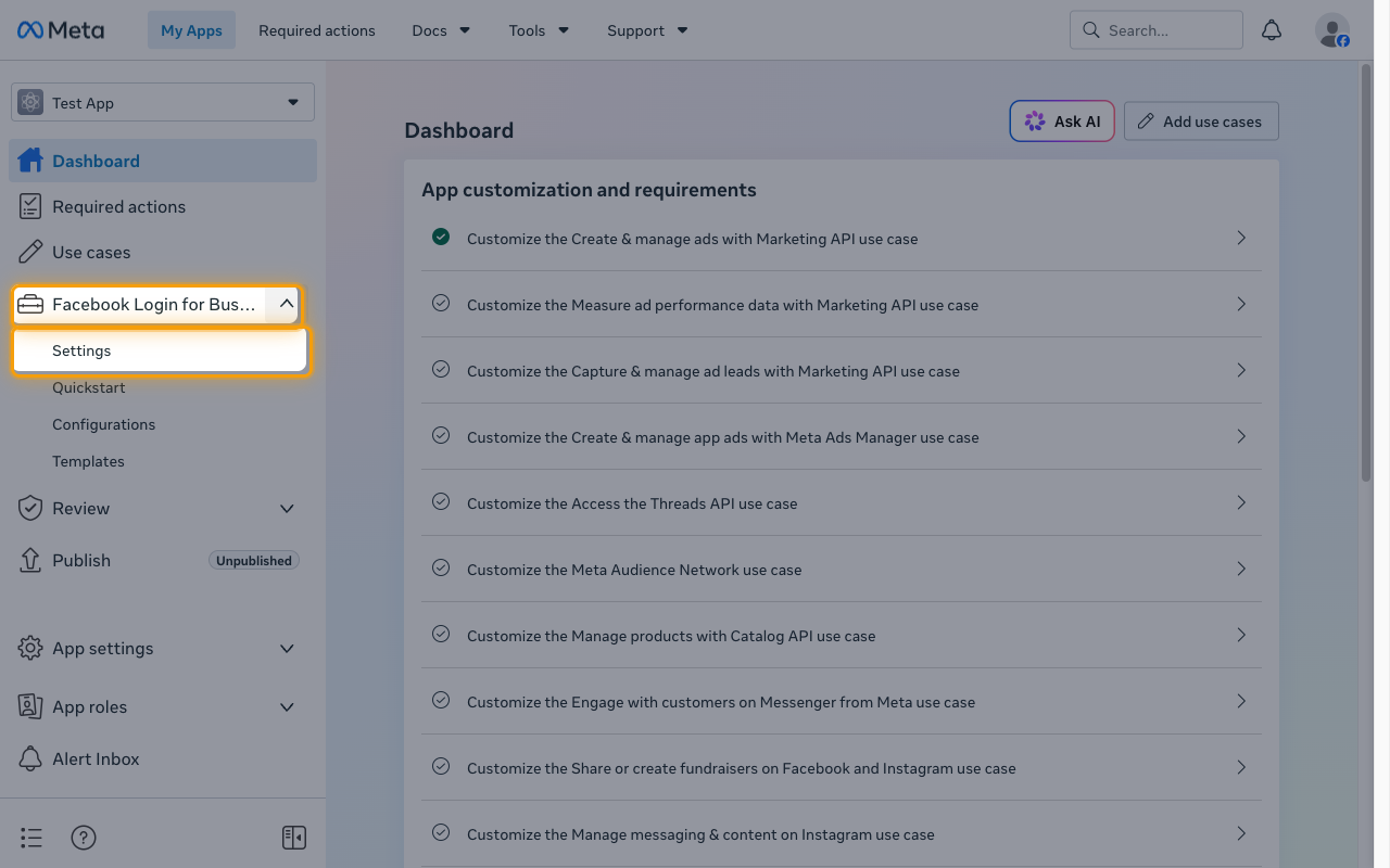The app sidebar with Facebook Login for Business expanded and Settings highlighted