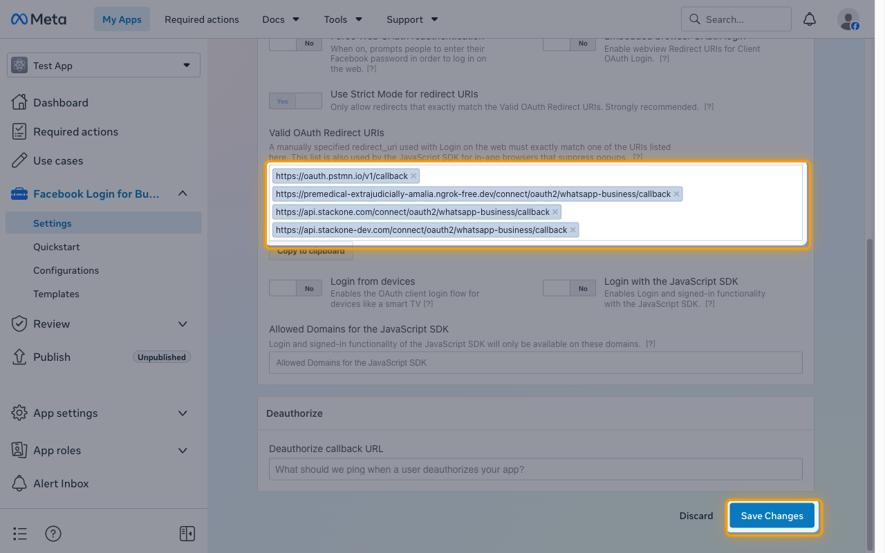 The Client OAuth settings with the Valid OAuth Redirect URIs field and the Save Changes button highlighted