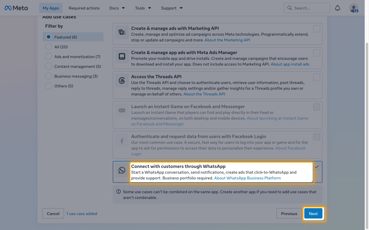 The Add use cases step with the Connect with customers through WhatsApp use case selected and the Next button highlighted