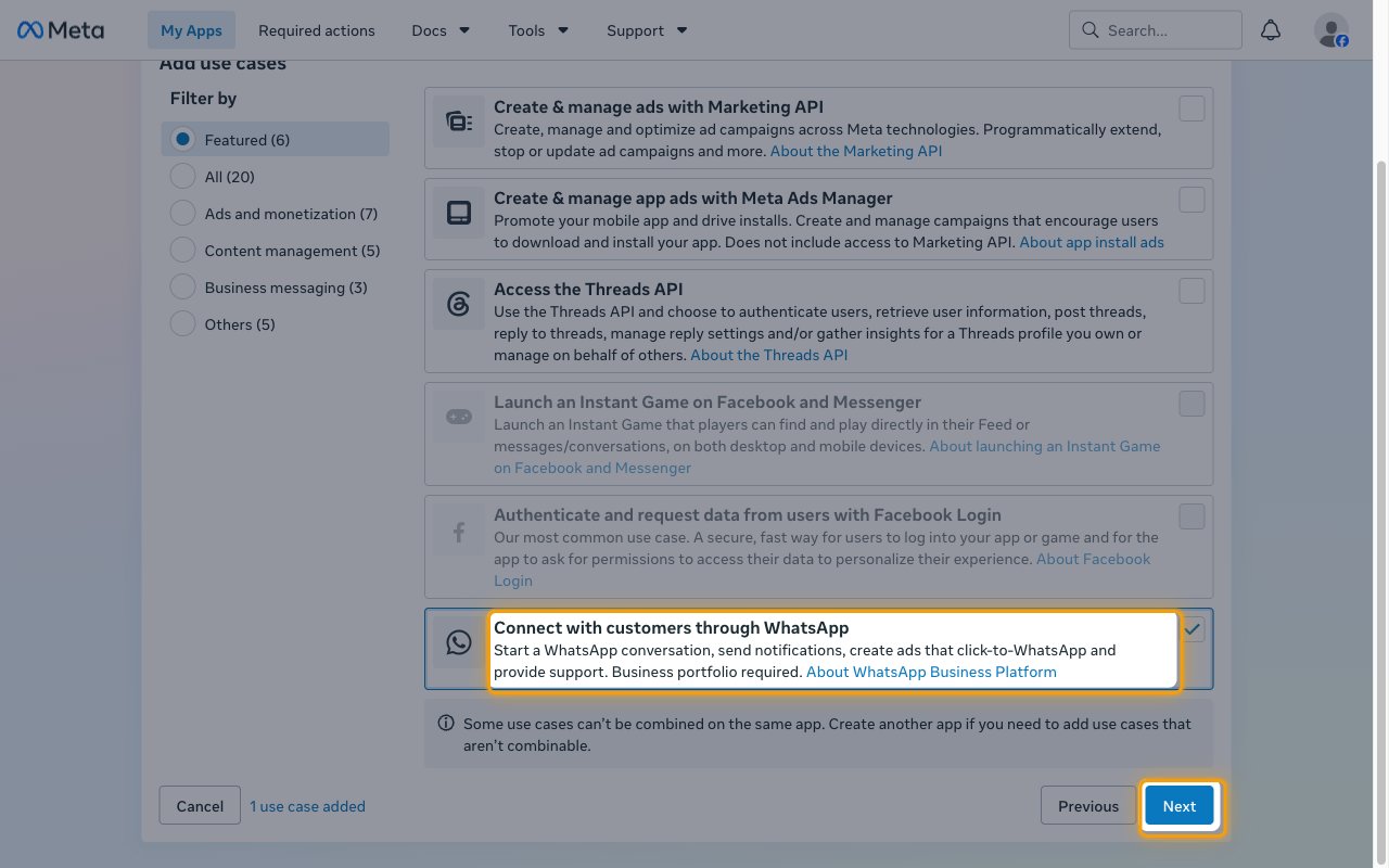 The Add use cases step with the Connect with customers through WhatsApp use case selected and the Next button highlighted