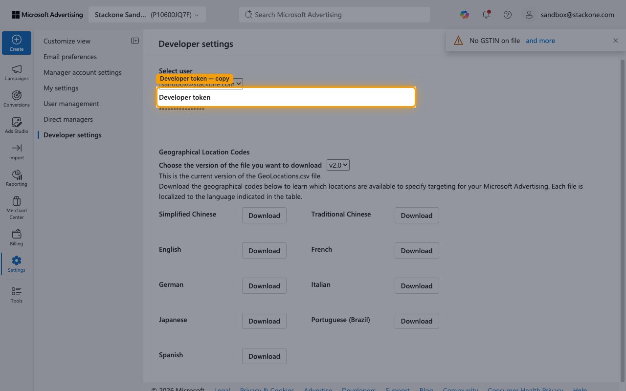 Microsoft Advertising Developer settings page with the issued Developer token value highlighted (redacted)