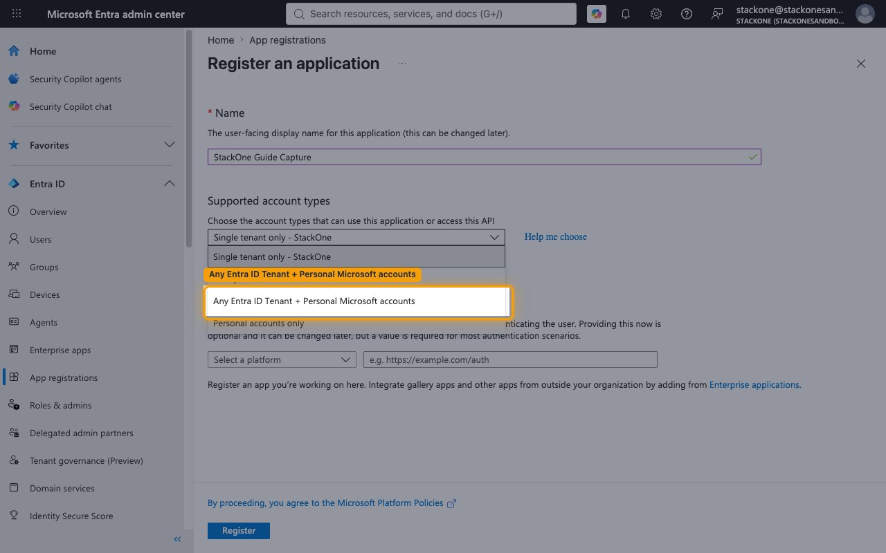 Supported account types dropdown open with Any Entra ID Tenant + Personal Microsoft accounts highlighted