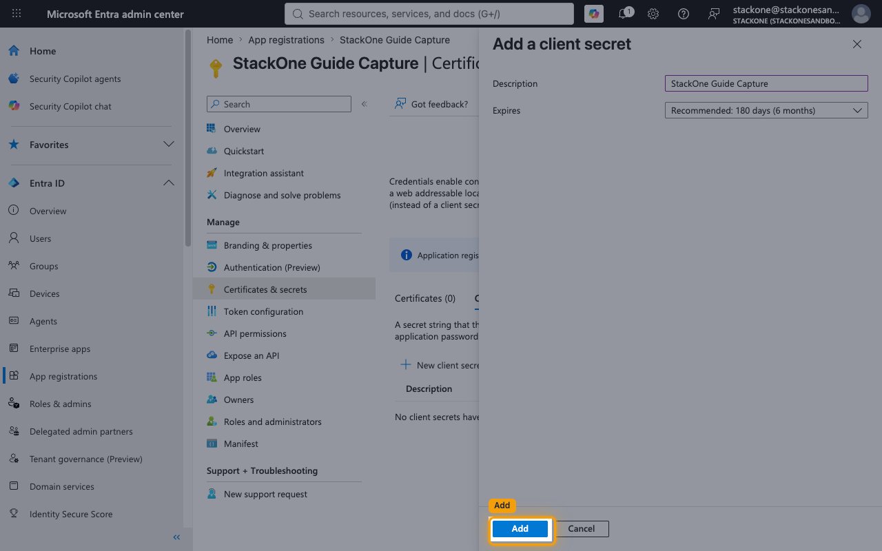 Add a client secret panel with Description and Expires fields and the Add button highlighted