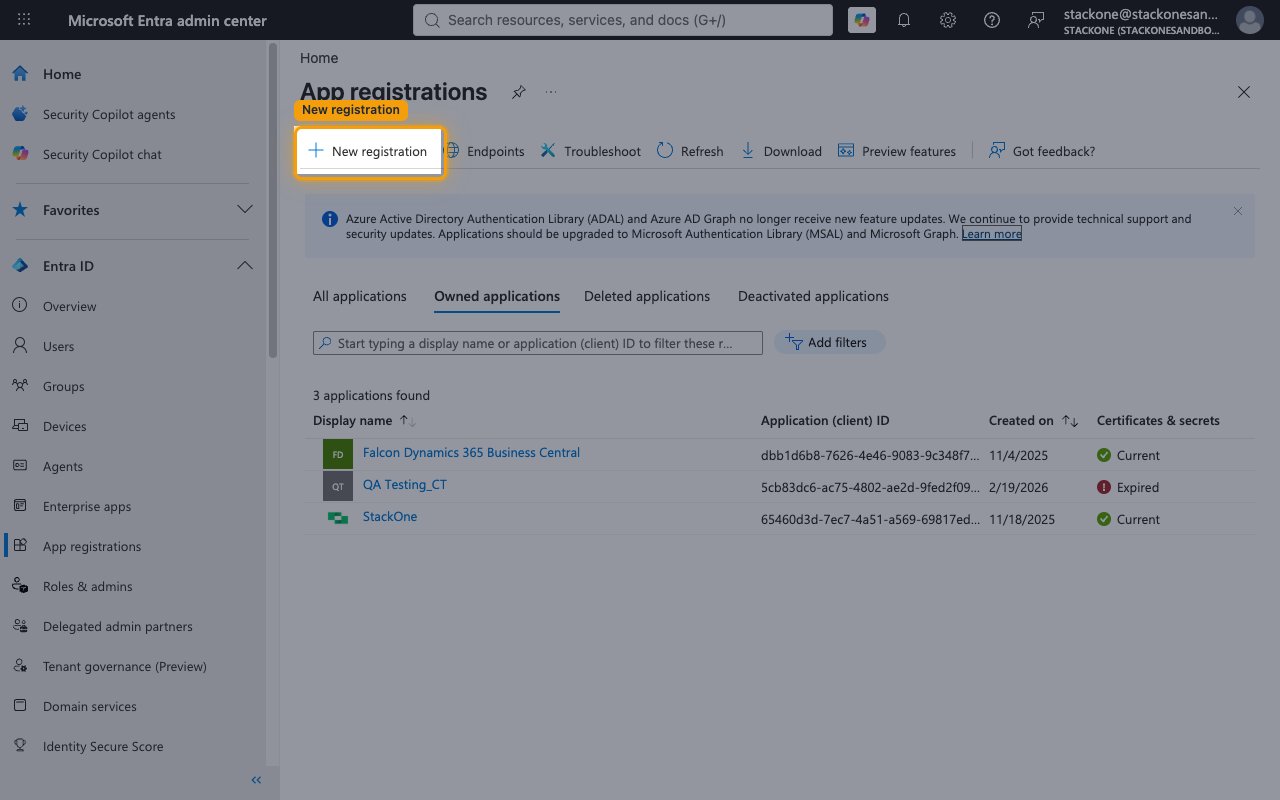 App registrations list with the New registration button highlighted