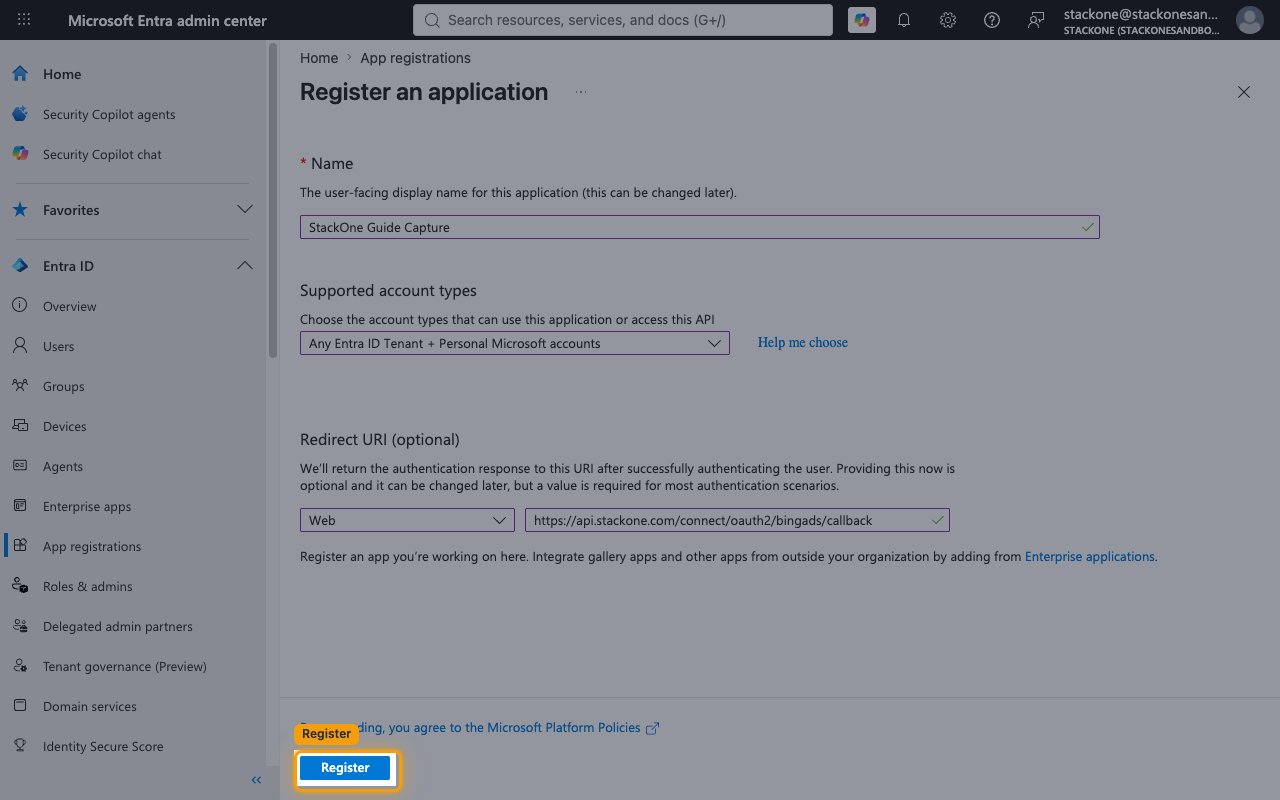 Completed Register an application form with Web platform, callback URI, and the Register button highlighted