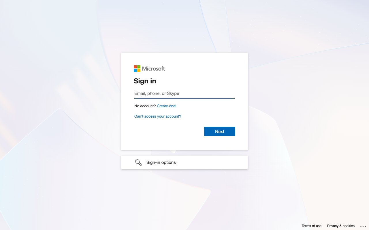 Microsoft sign in page with the Email, phone, or Skype field and Next button