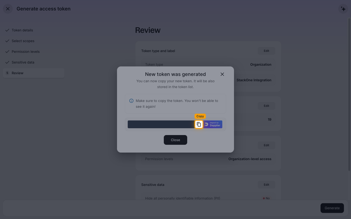 The New token was generated dialog with the token value masked and the Copy button highlighted