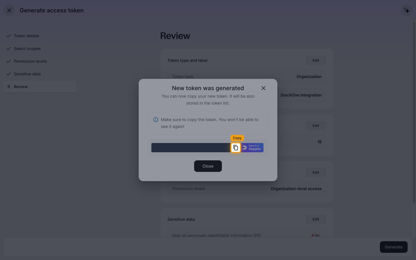 The New token was generated dialog with the token value masked and the Copy button highlighted