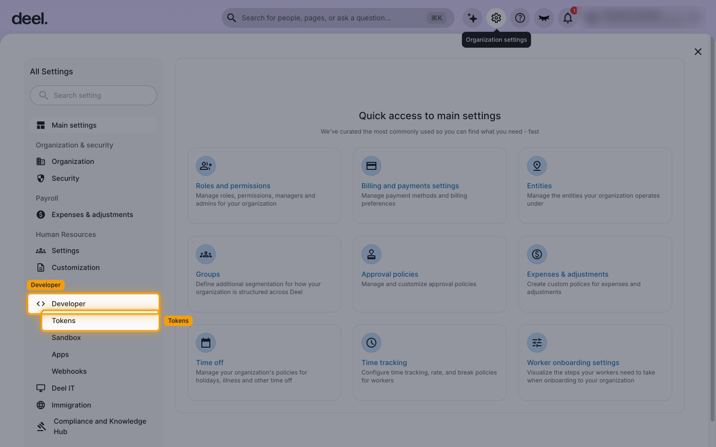The All Settings menu with Developer expanded and the Tokens entry highlighted