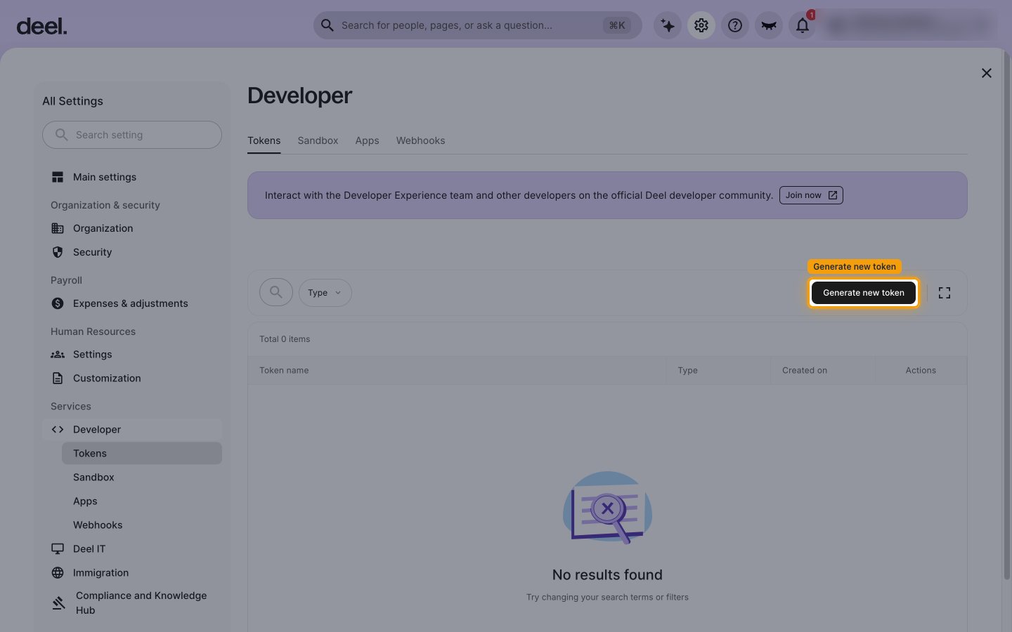 The Developer page on the Tokens tab with the Generate new token button highlighted