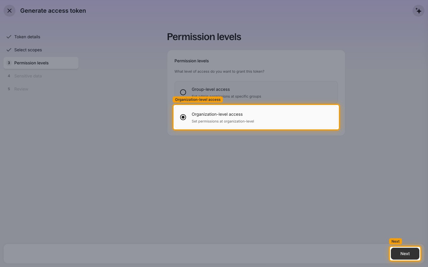 The Permission levels step with Organization-level access selected and the Next button highlighted