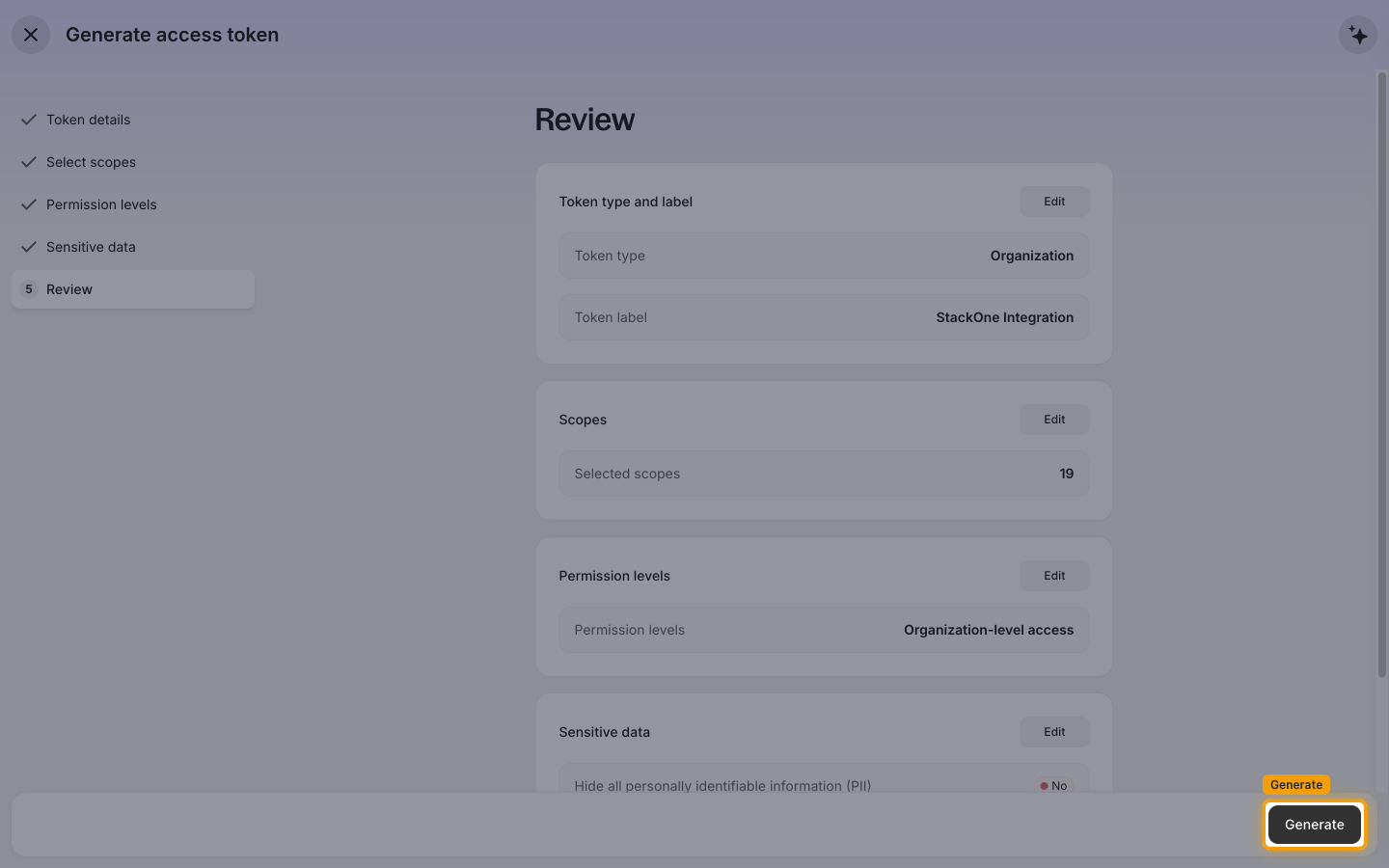 The Review step summarizing the token settings with the Generate button highlighted
