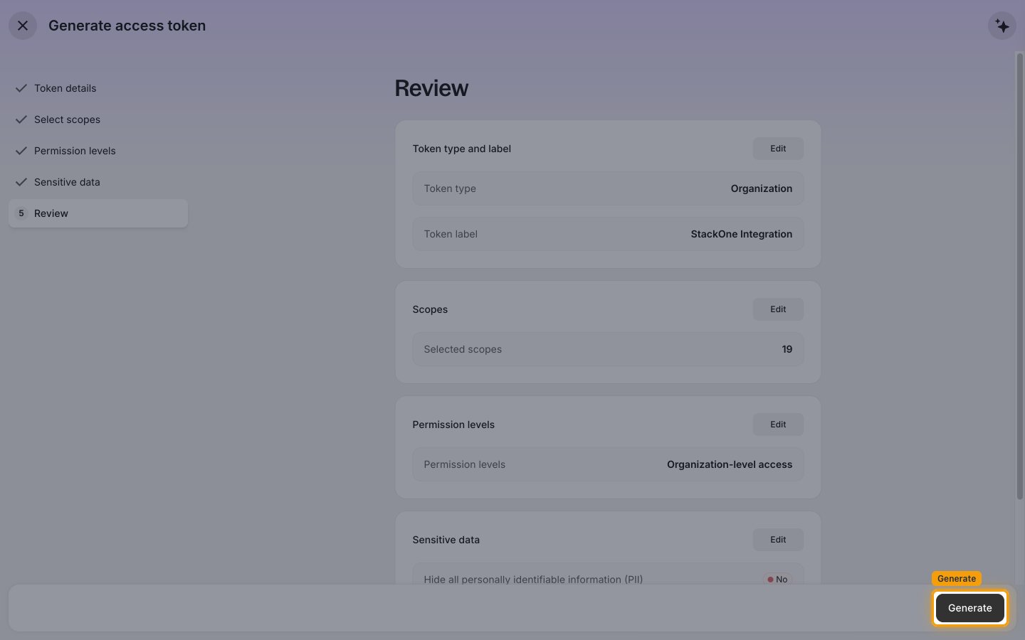 The Review step summarizing the token settings with the Generate button highlighted