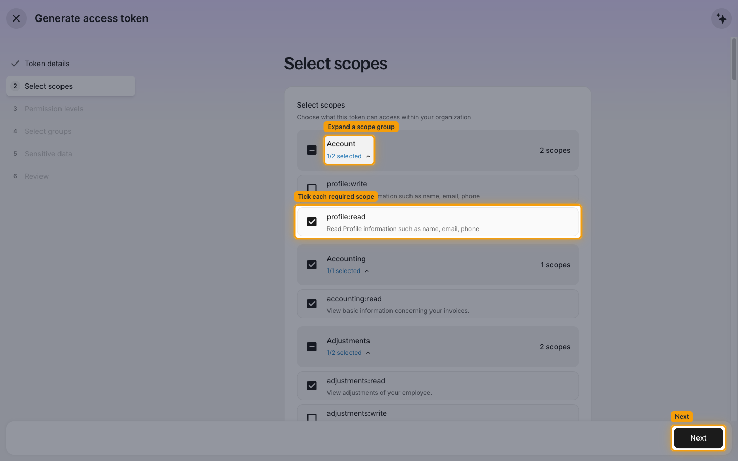 The Select scopes step with a scope group header, a ticked scope and the Next button highlighted