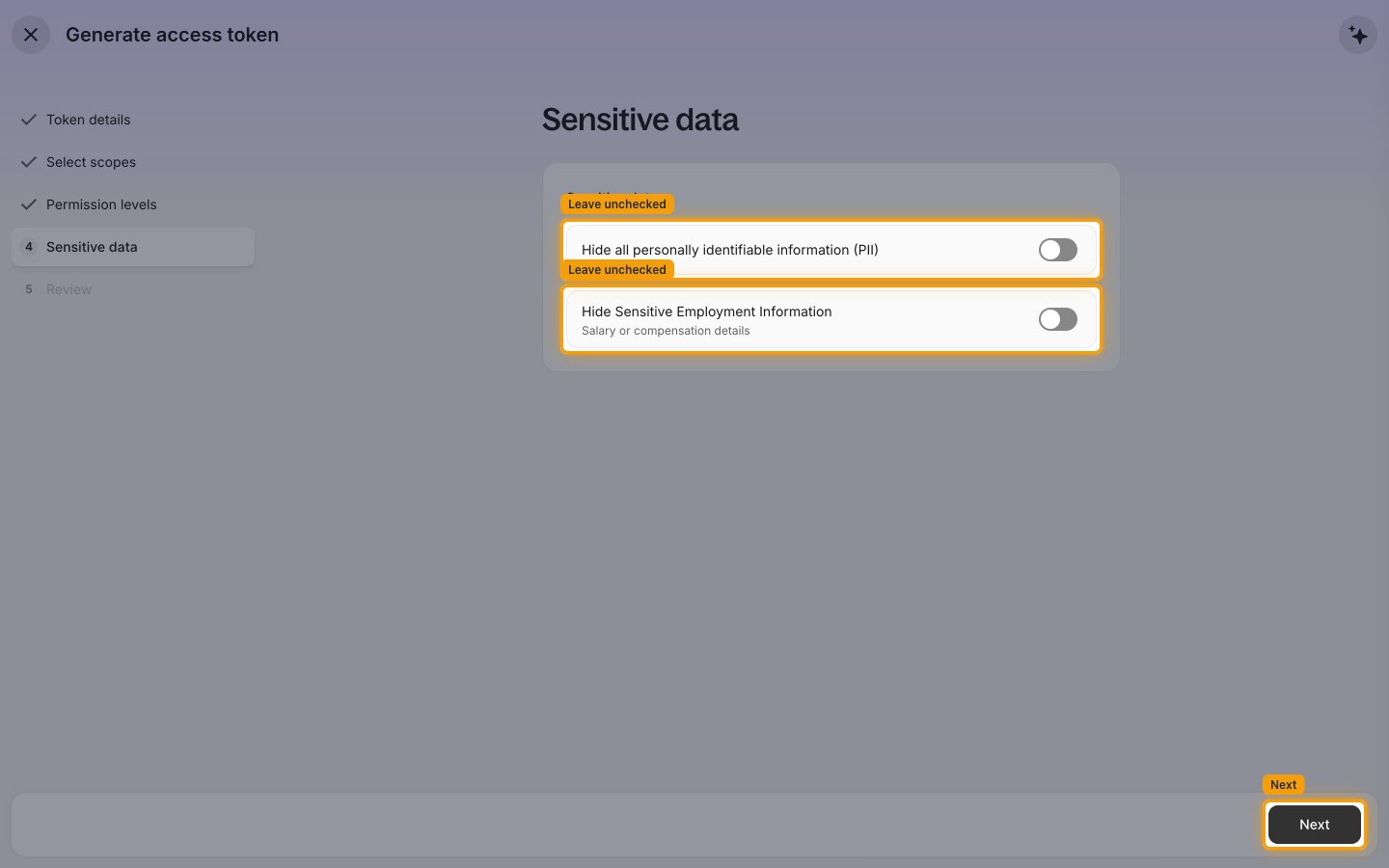 The Sensitive data step with both toggles highlighted and left off, and the Next button highlighted