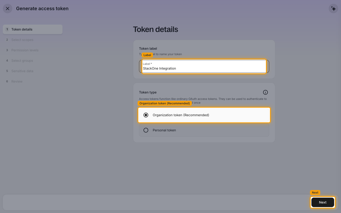 The Token details step with the Label field, the Organization token option and the Next button highlighted