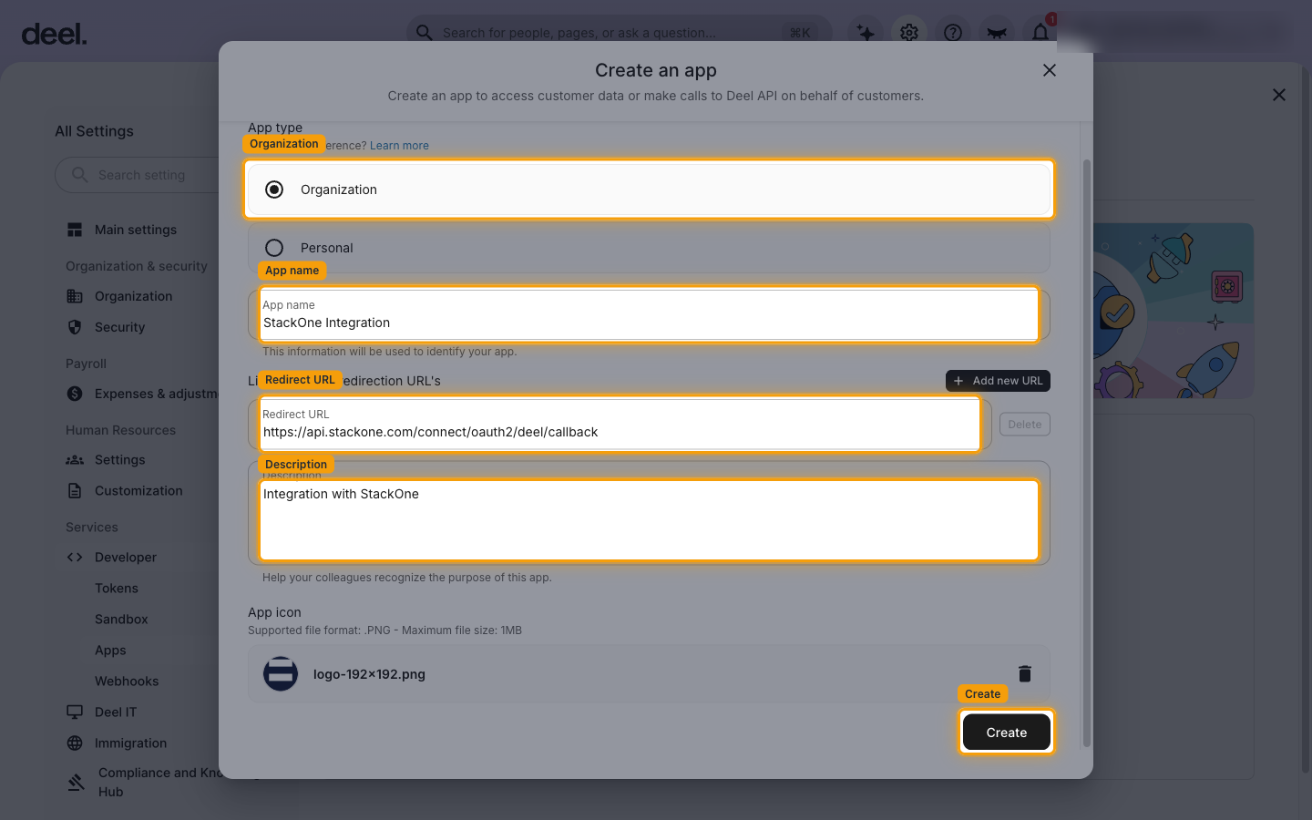 The Create an app form with the Organization app type, App name, Redirect URL and Description fields and the Create button highlighted