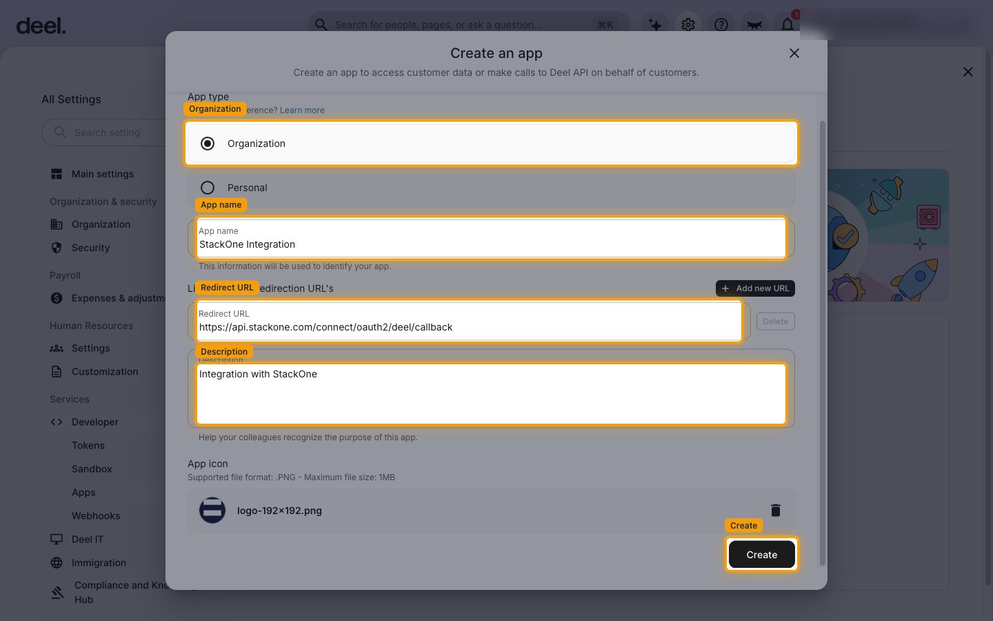 The Create an app form with the Organization app type, App name, Redirect URL and Description fields and the Create button highlighted