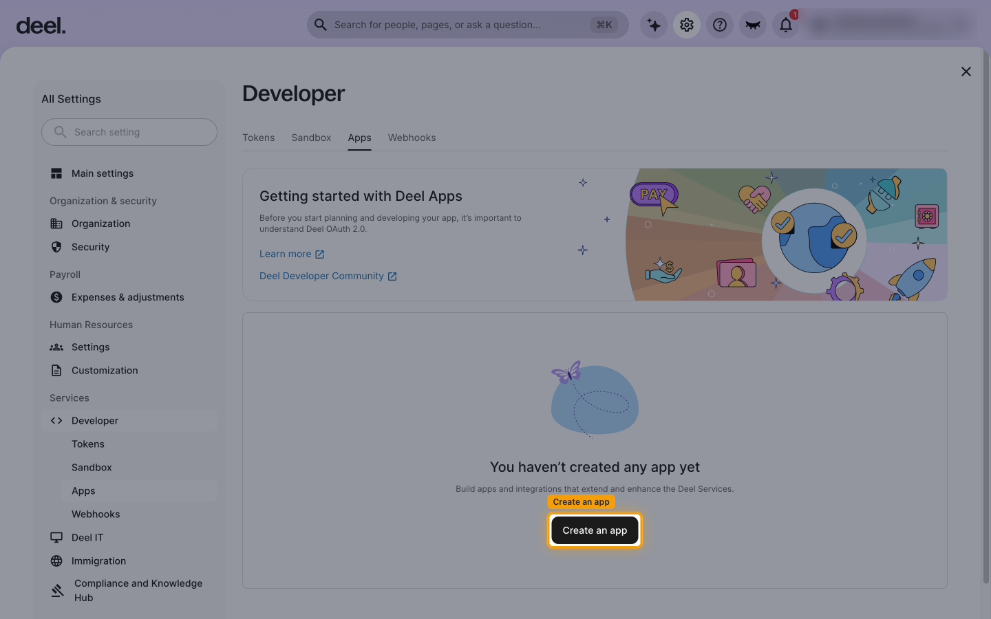 The Apps tab of the Developer page with the Create an app button highlighted
