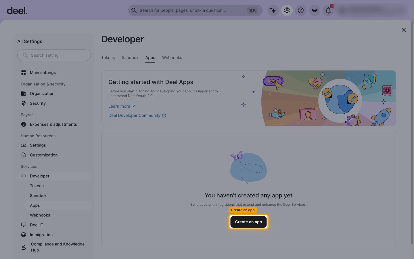 The Apps tab of the Developer page with the Create an app button highlighted