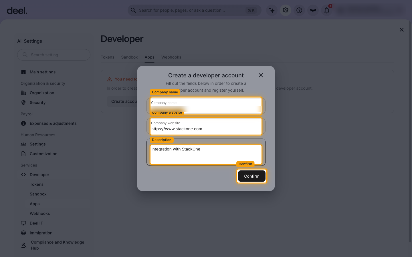 The Create a developer account dialog with the Company name, Company website and Description fields and the Confirm button highlighted