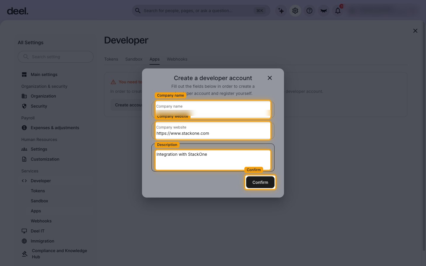 The Create a developer account dialog with the Company name, Company website and Description fields and the Confirm button highlighted