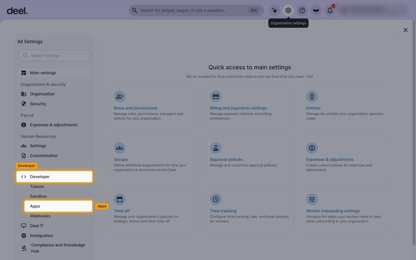 The All Settings menu with Developer expanded and the Apps entry highlighted