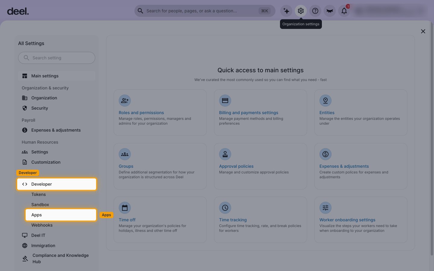 The All Settings menu with Developer expanded and the Apps entry highlighted