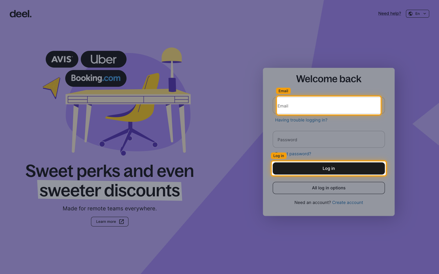 The Deel sign-in page with the Email field and the Log in button highlighted