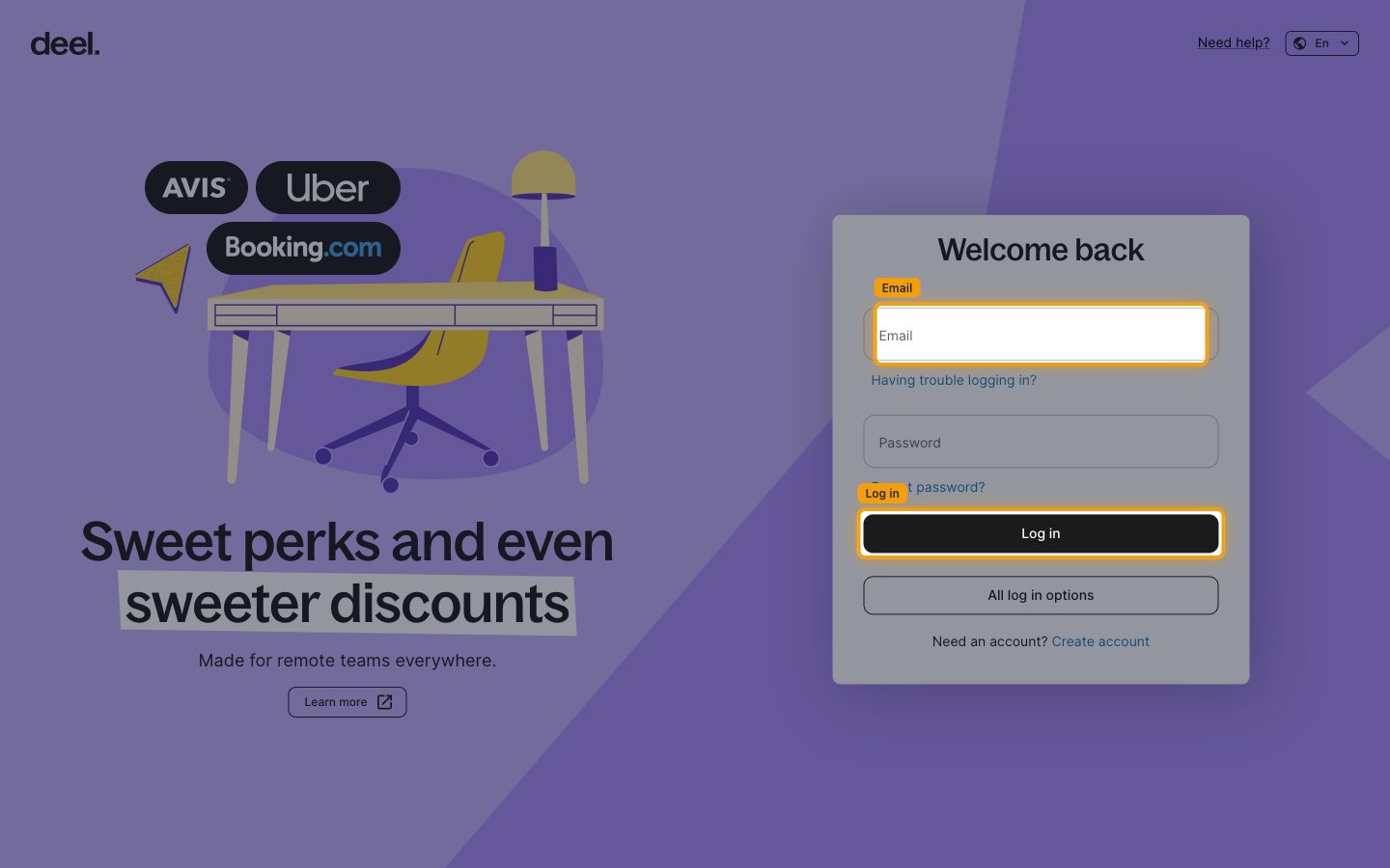 The Deel sign-in page with the Email field and the Log in button highlighted