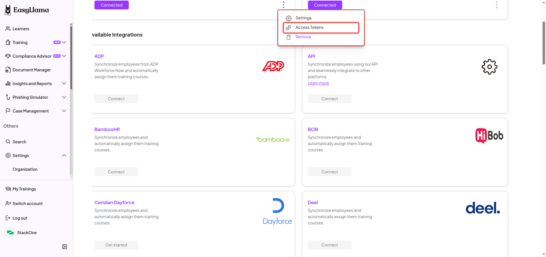 The connected API tile's three-dot menu open with the Access Tokens option highlighted.