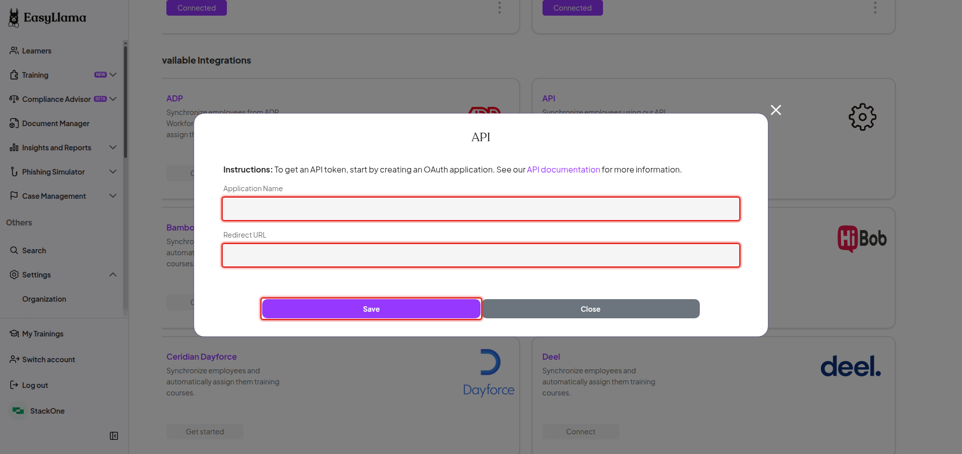 The EasyLlama API dialog with the Application Name field, the Redirect URL field, and the Save button highlighted.
