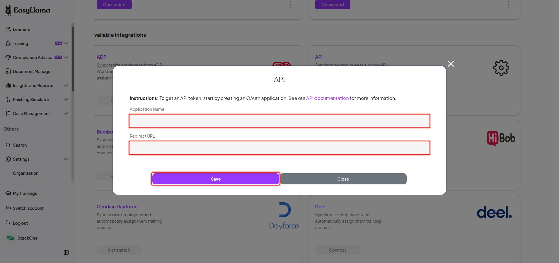 The EasyLlama API dialog with the Application Name field, the Redirect URL field, and the Save button highlighted.