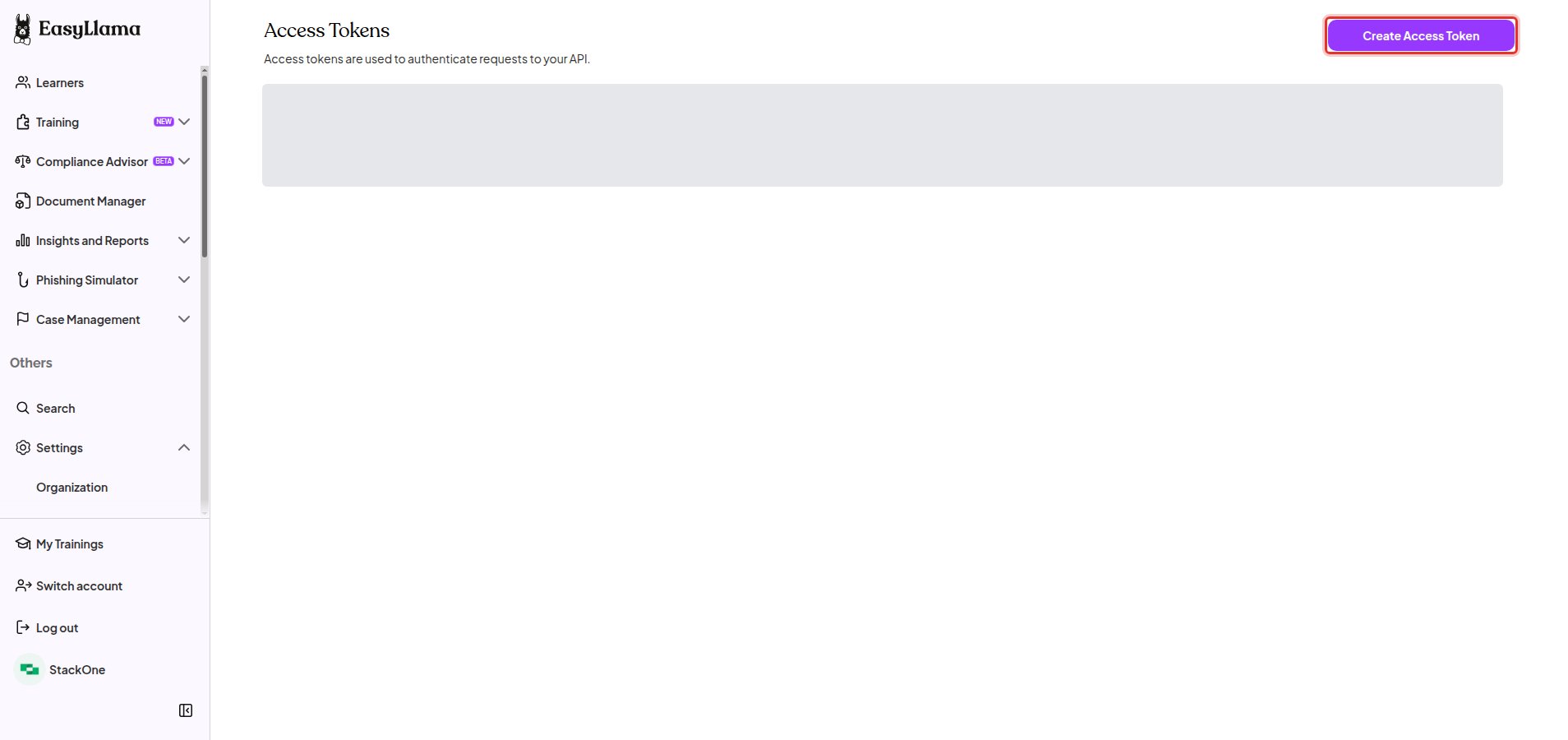 The Access Tokens screen with the Create Access Token button highlighted.