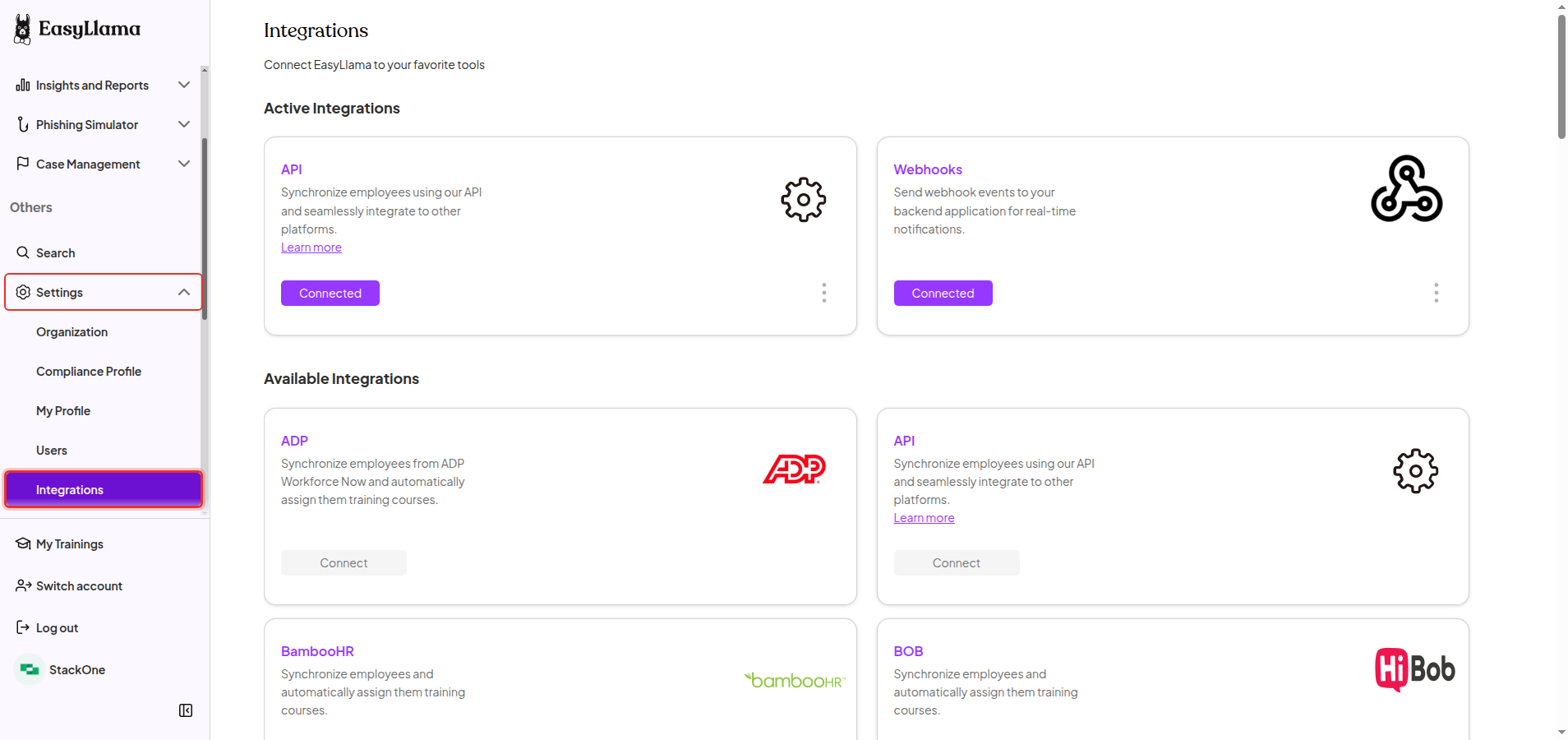 The EasyLlama left sidebar scrolled to the Others section with Settings expanded and Integrations highlighted.