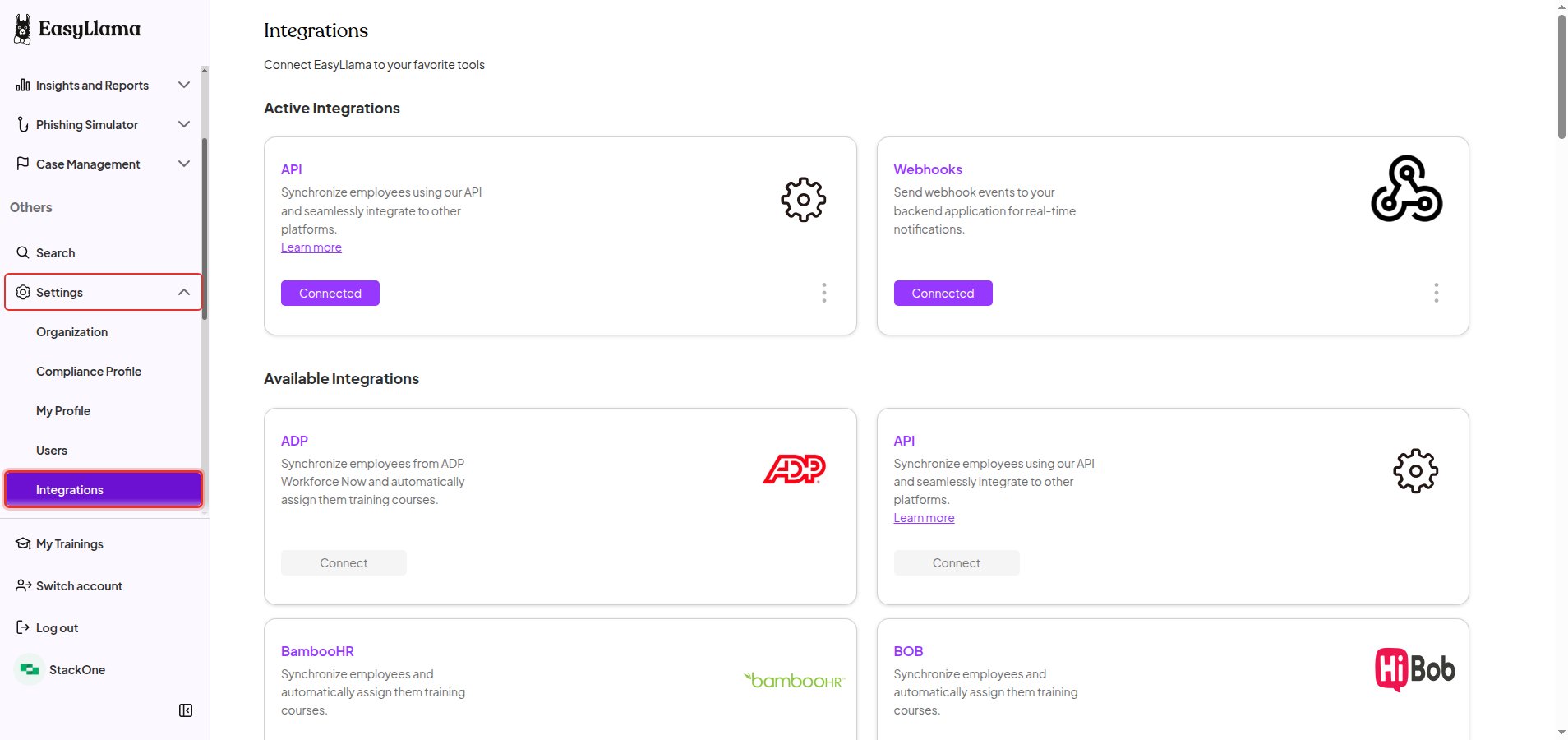 The EasyLlama left sidebar scrolled to the Others section with Settings expanded and Integrations highlighted.