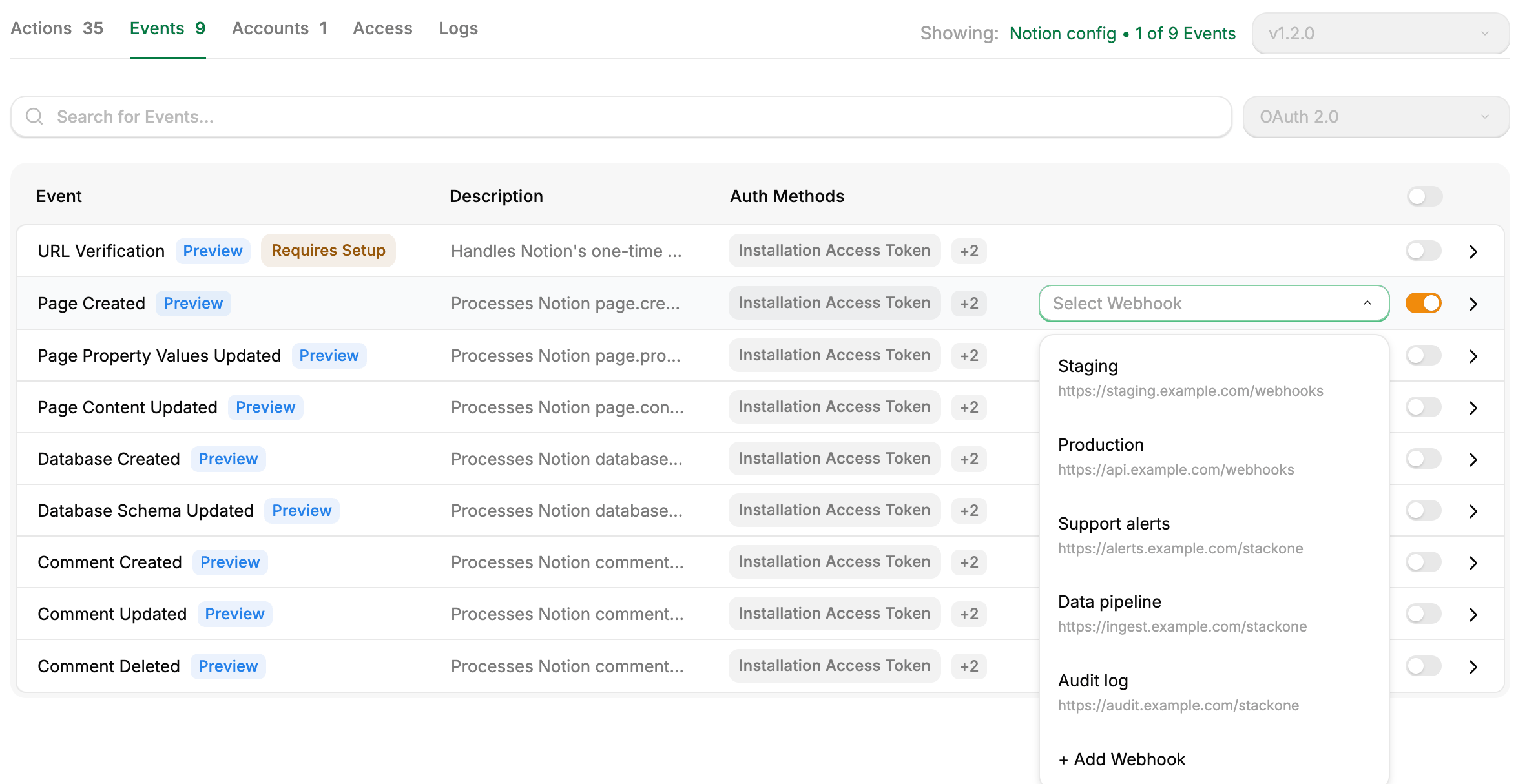 A profile's Events tab with the Page Created event switched on and its webhook dropdown open, listing project webhooks and an Add Webhook option