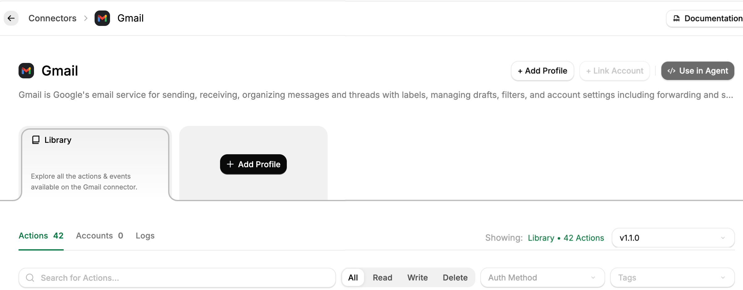 Gmail connector page with a Library card, an Add Profile card, and Actions, Accounts and Logs tabs