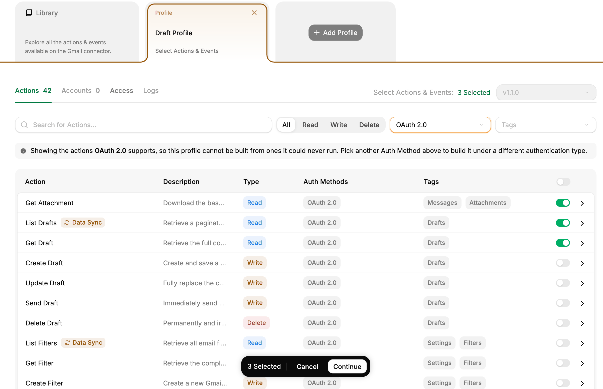 Draft Profile on the Gmail connector page with three read actions switched on and a bar showing 3 Selected with Cancel and Continue