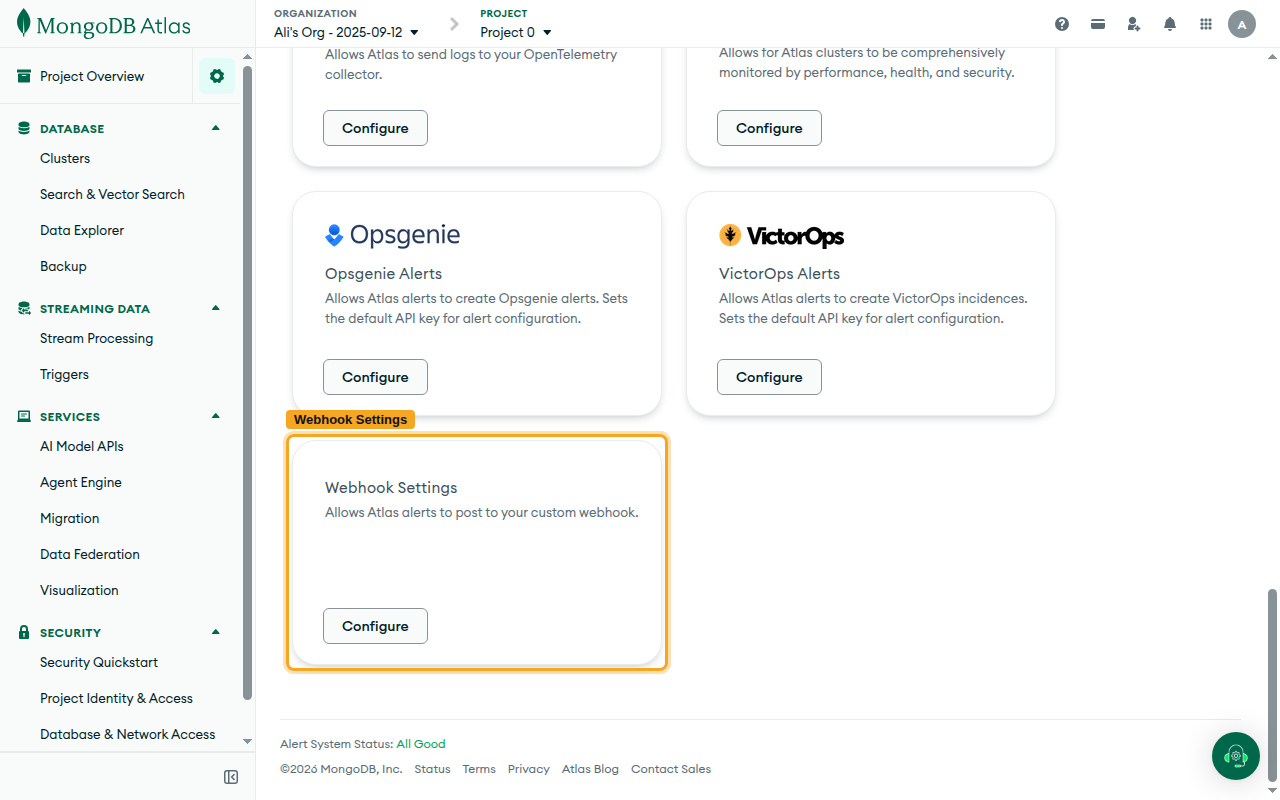 The Project Settings Integrations tab with the Webhook Settings card and its Configure button highlighted.
