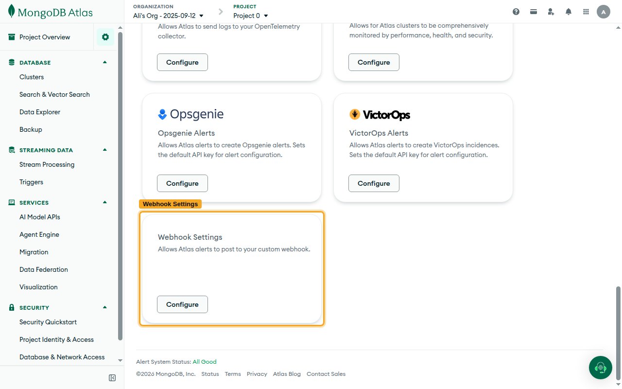 The Project Settings Integrations tab with the Webhook Settings card and its Configure button highlighted.