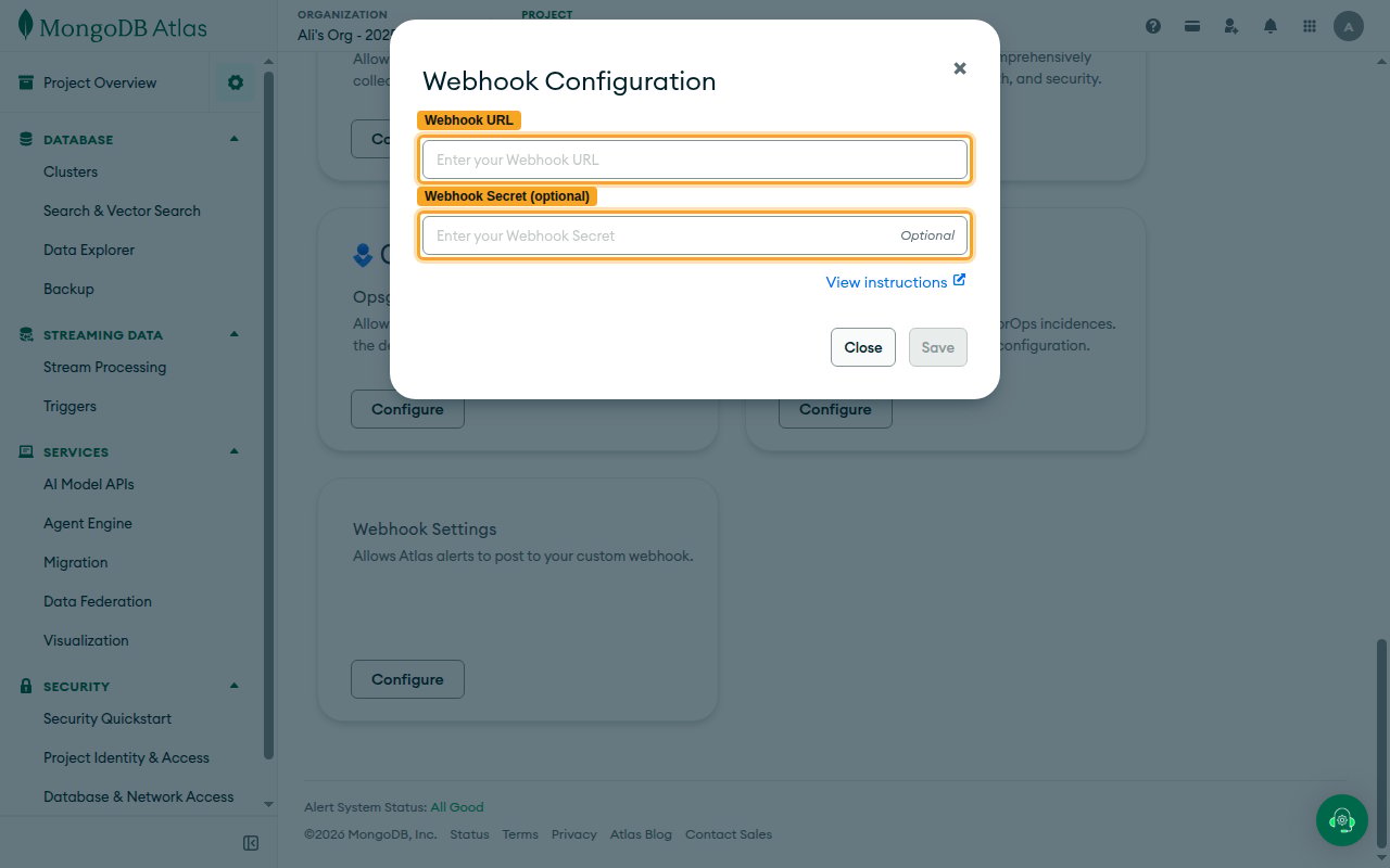 The Webhook Configuration dialog with the Webhook URL and Webhook Secret fields highlighted.