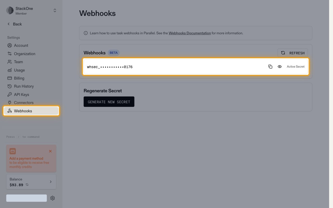 Parallel Platform Settings page with the Webhooks tab and the Active Secret highlighted