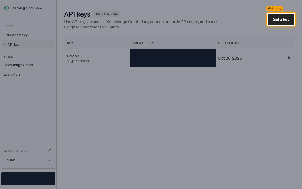 The API keys page in the Learning Commons Platform with the Get a key button highlighted