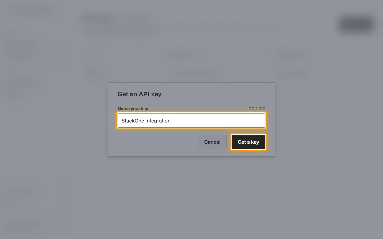 The Get an API key dialog with the Name your key field filled in and the Get a key button highlighted