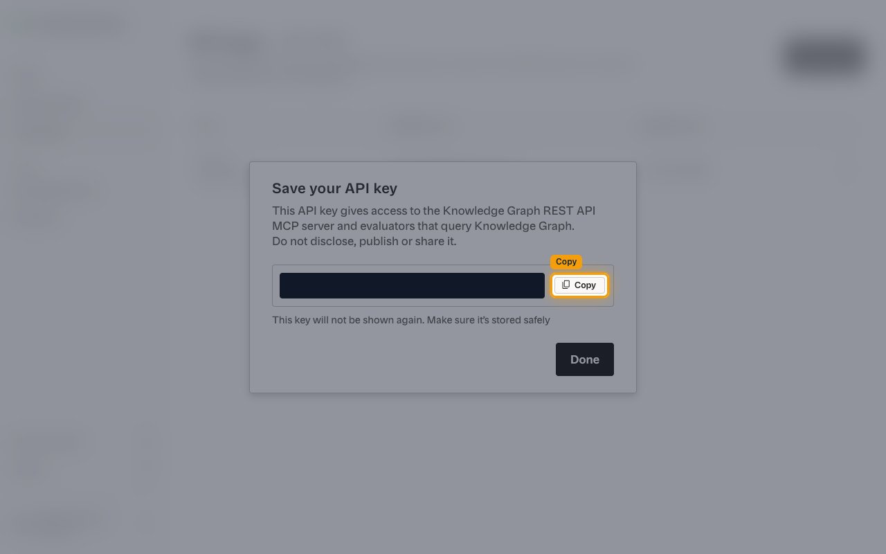 The Save your API key dialog with the key value hidden and the Copy button highlighted
