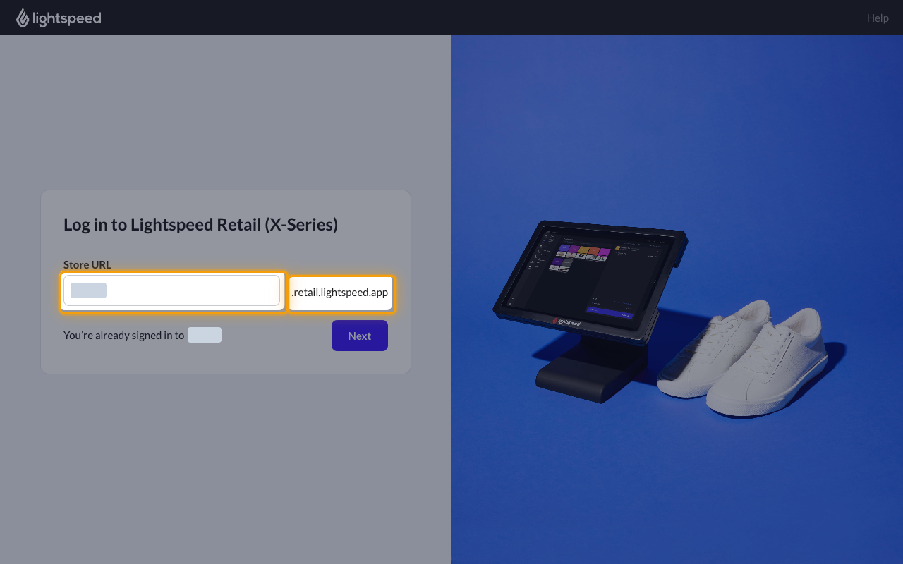The Lightspeed Retail (X-Series) sign-in page with the Store URL field and its .retail.lightspeed.app suffix highlighted