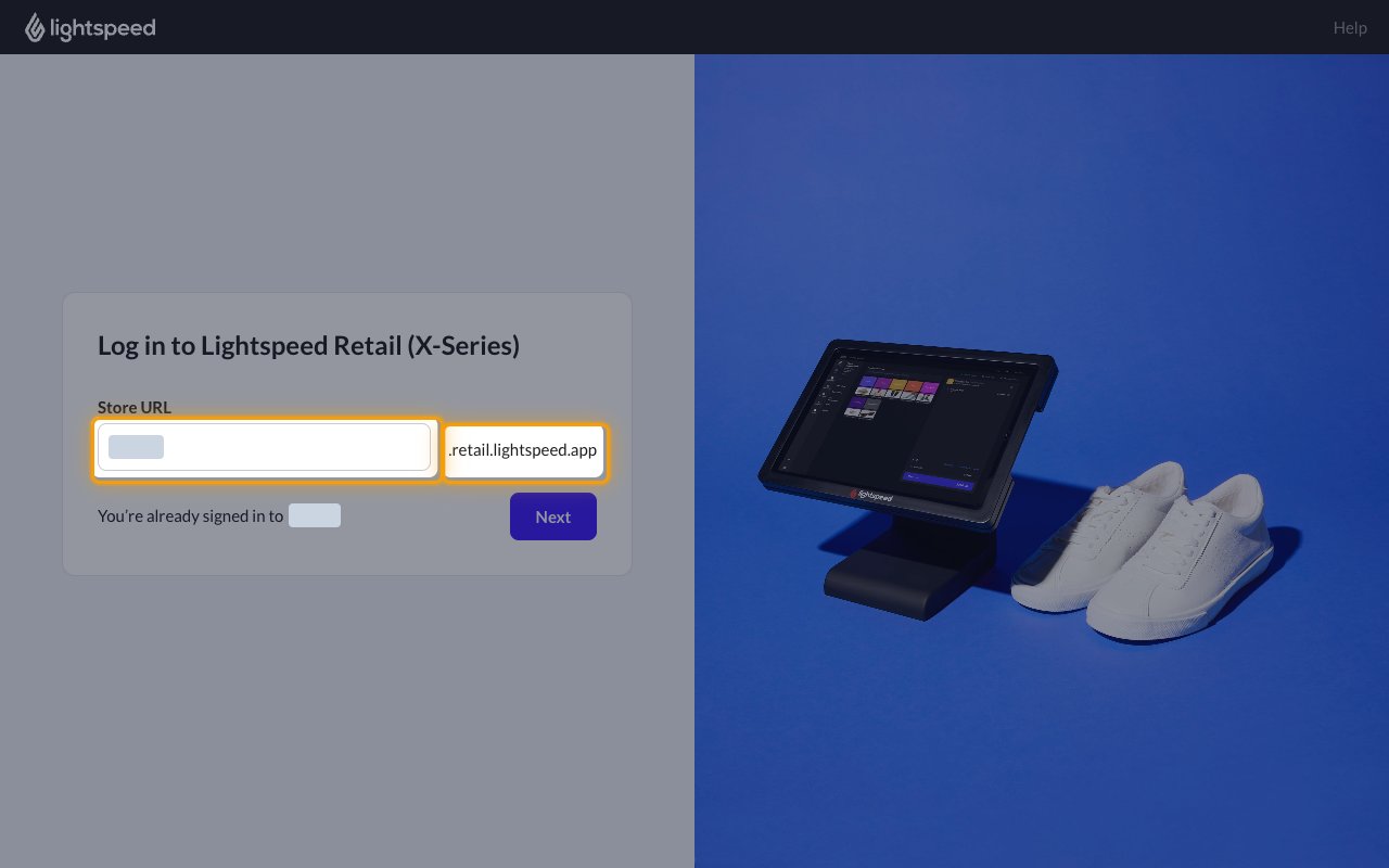 The Lightspeed Retail (X-Series) sign-in page with the Store URL field and its .retail.lightspeed.app suffix highlighted